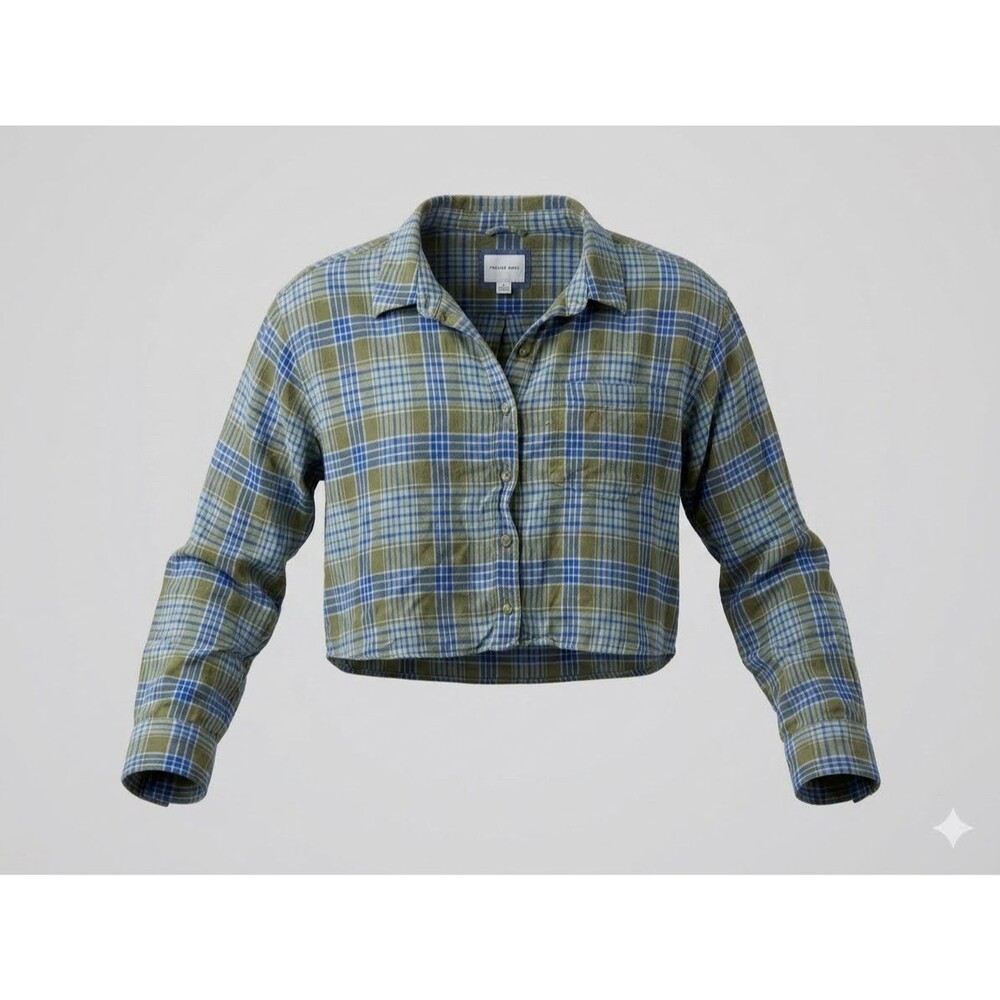 American Eagle Linen Blend Plaid Cropped Button Up Shirt Women’s M Cottagecore